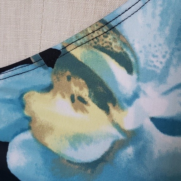 Vintage 90s Y2K One Shoulder Top Blouse Black Teal Bold Flower - Picture 8 of 11